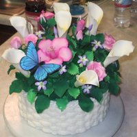 Basket Of Flowers 8" double layer butter cake w/BC icing. Gum-paste flowers and butterfly painted w/ petal/luster dust. Experimenting with a topper that...