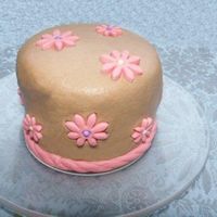 Mini Daisy A chocolate cake with a cream filling covered in chocolate buttercream and trimmed with pink fondant accents.