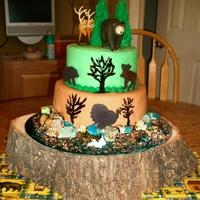 Hunting Cake My son's 7th bday cake. The bear, turkey and elk are made of chocolate. The duck and fish onthe bottom layer are made of fondant. The...