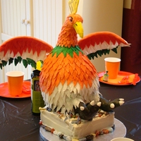 Pokemon Ho-Oh Cake Chocolate cake with Princess Cake and Cookie BC and Almond Fondant. Body was carved from the dress pan and 2 8" rounds. Bottom is WASC...