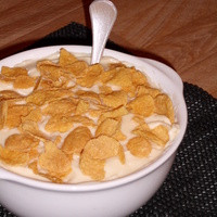 Yellow Cake With Cheesecake Frosting Real Cornflakes On Top Spoon Is White Chocolate Painted Silver Yellow cake with cheesecake frosting. Real cornflakes on top. Spoon is white chocolate painted silver.