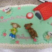 Who's Teaching Who? White cake with French Vanilla buttercream. The figures are all made of fondant. The girl is "teaching" the dog to play dead. The...
