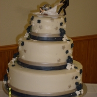 Dallas Cowboy Fan 3 tier, buttercream icing with silver and navy blue fondant ribbon. Silver is luster dust.....blue has light dusting of white pearl dust....