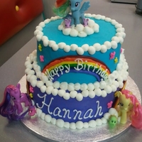 My Little Pony My Little Pony cake for my little girl. Top tier was fresh Strawberry Cake, bottom tier was chocolate. All filled and covered with Vanilla...