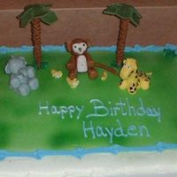 Monkey This is a sheet cake, the monkey, elephant and giraffe is mmf. Everything on the palm trees is edible except the underneath dowl rod.