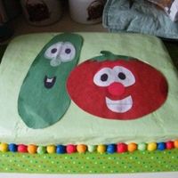 Veggietales Sheet Cake This was for my nephew's 4th bday. Buttercream w/ fondant border. I cut Bob and Larry out of construction paper and laminated them.