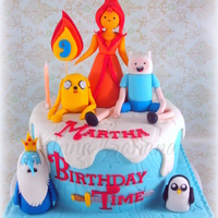 It's Adventure Time! with Finn, Jake, flame princess, ice king and gunter
