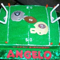 Raiders Vs. 49Ers Helmets are made with fondant and logos are done with edible images.