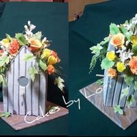 Birdhouse Planter Gumpaste/fondant covered dummy birdhouse filled with gumpaste carnations, roses, hyacinths and ivy. Front and side view.