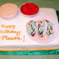 16Th Birthday WASC cake w/rolled Buttercream, dip bowls have cheesecake in them, tacos are made of fondant and Rice Krispie treats