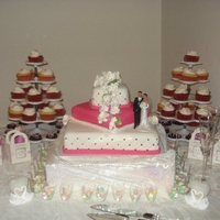 Pink Wedding A combination of yellow, red velvet and chocolate cakes covered in fondant icing.