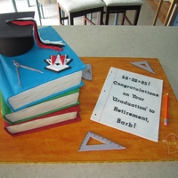 Retirement Book Cake The bottom book is Swiss chocolate, the middle book is red velvet, and the top book is vanilla cake. All fondant accessories. Barb is...