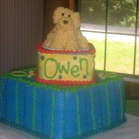 Owen Owen has a golden retriever that he adores; so his Mom wanted Cooper on his 1st birthday cake. Chocolate chip cake with buttercream