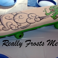 Skateboard Cake This life sized skateboard actually rolls. It serves 35-40 people. I hid the birthday boys name in the smoke.