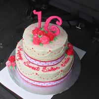 Sweet 16 I made this cake for my daughter's friend. All BC with gumpaste number 16. Bottom tier is vanilla (colored pink) with Bavarian cream...