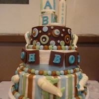 Twin Boys!!! Three tier cake with white cake and strawberry filling and chocolate pudding filling. BC icing, fondant stripes and circles. All other...