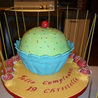 My Daughters 19Th Birthday Cake. Big cup cake in fondant and 19 pop cakes.