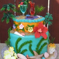 Blue_Hawaiin.jpg 2 tiered orange and teal, tropical motif with tropical drinks on top, sand and seashells