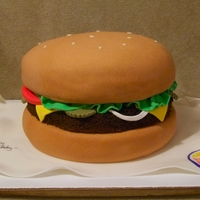 Whopper Burger Cake 3x 10" chocolate cakes made to look like the Whopper, they instructed me in putting the fillings in order, for a Burger King company...