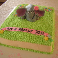 70Th Birthday Cake With Elephant This is an 11x15 carrot cake decorated with cream cheese icing. Elephant (Horton), flowers and banner are fondant. For a surprise birthday...