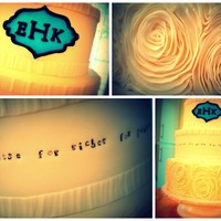 Vintage Wedding Cake Almond cake with french vanilla buttercream, decorated in mmf. Rose quilling around bottom tier, vows in vintage font in middle, and...