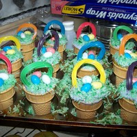 Easter Basket Cupcake Cones Simple Vanilla Cupcake cones with died coconut for grass, tropical flavor Twizzlers for basket handles and robins eggs for the well eggs...