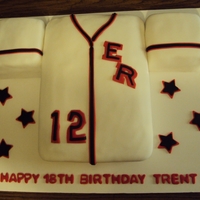 Baseball Jersey Baseball jersey cake is a 9 x 13 Double Chocolate Fudge with Vanilla buttercream filling; fondant designs. Thanks for looking!