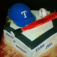 Rangers Baseball Birthday "Used and Sanded" Homeplate. Cake cap, fondant ball, and fondant bat. Writing is edible images.