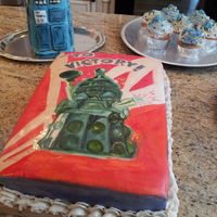 Doctor Who Theme Doctor Who theme cake MMF, hand Painted Delak poster, tardis cupcakes and van Gogh rice crispy treat Tardis.