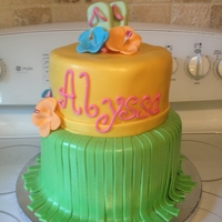 Luau Birthday Cake Bottom layer yellow cake with cookies and cream filling, top chocolate with cookies and cream filling. Covered in homemade fondant and...