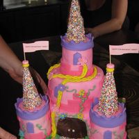 Castle Cake I used an 8" round and a 6" round cake. The turets are made from rice krispies and the top of the turets are ice cream cones...