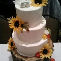 Fall Cake Tree stump base w/10", 8", 6" frosted tiers. Fake flowers