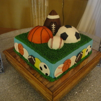 Balls And More Balls This was a 2-layer 14" square cake with 4 half-balls on top. Iced in buttercream with fondant ball decorations on the side.