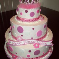 5 Yr.olds Not So Princessy B-Day Cake White sponge cake, raspberry filling and italian butter cream. Fondant and ribbon trims for decorations.