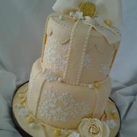 Nonnas Birthday Cake Fondant Covered With Buttercream Stencil Gumpaste Bow And Flowers *Nonna's birthday cake. Fondant covered with buttercream stencil, gumpaste bow and flowers.