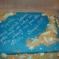 Farewell White Cake with Buttercream frosting. The "sand" is ground graham crackers, the shells are candy melts. It was for a going away...