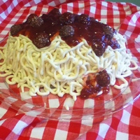 Spaghetti And Meatballs White cake w/cream cheese frosting piped on to resemble spaghetti. Meatballs are Ferrero Rocher candy covered with strawberry jam as the...