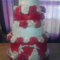 Red And White 70Th Birthday Cake This cake is 4 tiers (3 layers each) covered in fondant with 52 fondant roses. The emblem on the bottom tier is the symbol of the Birthday...