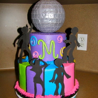 Disco 6 over 10 inch.......buttercream covered w/ fondant accents..........ball is styrofoam ball covered with fondant and sprayed! :)