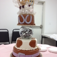 Cowboy Wedding This cake is a WASC with Chocolate Chip Cookie Dough filling. All covered in Fondant with accents in Fondant. Glass bowl filled with barbed...