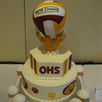 High School Volleyball Cake ball is cake with fondant, cougar paw is rice krispie/fondant, rest is BC.