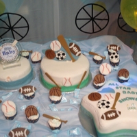 Sport Baby Cake Fondant covered cake and accents + cupcakes.