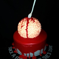 Stick A Fork In Her...she's Done Brain cake was carved from round cake, and covered with snakes of fondant. Fork is gumpaste, and the "blood" is made from red...