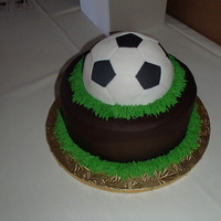 Soccer Ball Groom's Cake Soccer ball groom's cake. Cake is covered in chocolate fondant. Soccer ball is also covered in fondant. Green buttercream grass...