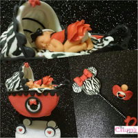 Zebra Print + Minnie Mouse= Most Fun Design Ever! All items are made from fondant. The strollers base is Styrofoam. The stick for the rattle is a cake pop/bling stick made by me.