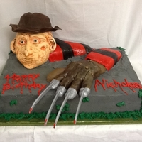 Freddie Krueger Okay this is the weidest kids birthday cake I have made. Freakey it was looking at me the whole time. 100% edible. Head was RKT and fondant...