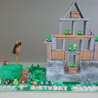 Angry Birds Angry Birds Cake ,Rice crispy wooden pieces ,fondant birds & pigs