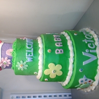 3 Tier Baby Shower Cake Inspired by the nursery decor. Top and bottom layers are butter almond, one with butter cream filling and the other with chocolate ganavhe...