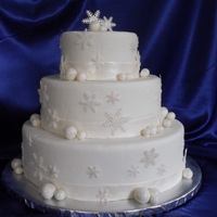 Winter White Same fondant-covered dummy as the Christmas cake. The snowflakes were from Jennifer Dontz' pearl clay recipe (yummy!), dusted with...