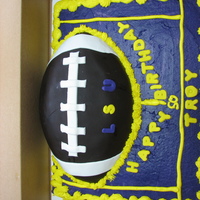 Lsu Birthday Cake All BC on cake, football covered with chocolate fondant with white trim.